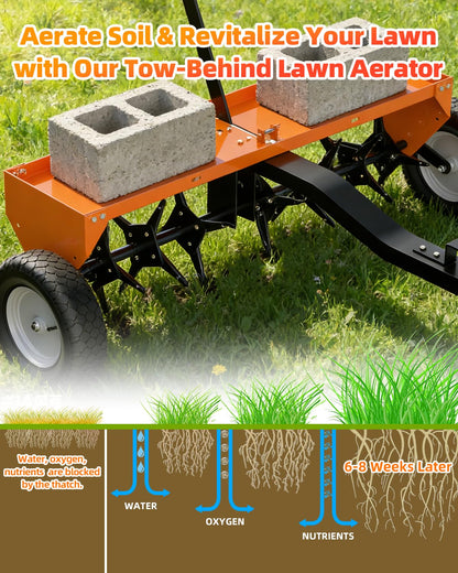 48" Tow Behind Aerator, Pull Behind Lawn Aerator Tool with Universal Hich, 32 Rust-Proof Knives & Heavy-Duty Tires, Plug Aerator for Yard & Garden Compacted Soil, Fits Lawn Tractors, ATV, UTV, Orange