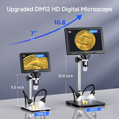 Hayve DM12 10.1'' HDMI Digital Microscope, 2000X Coin Microscope with IPS Screen, 20MP Soldering Microscopes for Electronics with 10.4'' Longer Stand,Compatible with PC/TV
