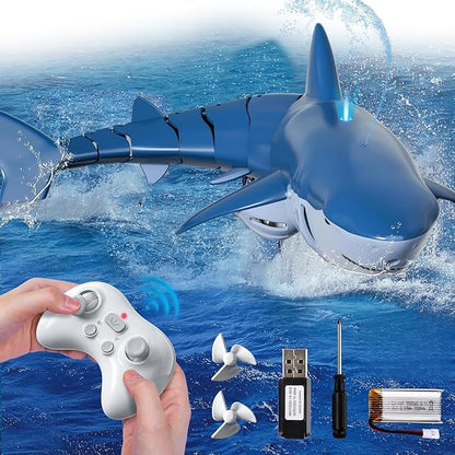 Remote Control Shark Pool Toy with 2.4GHz RC Submarine Boat Robo-Style Fish Tail Fish Pool Toy for Boys Girls Ages 6-12 Water Spray Function -Fun Robo Fish Toys for Kids Outdoor Water Play (Blue)