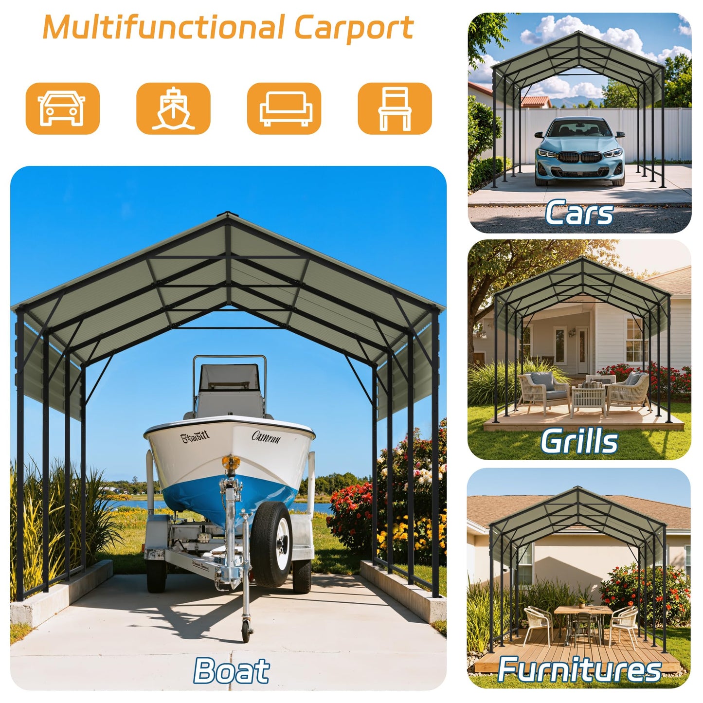 Patiowell 10x15 FT Metal Carport, Heavy Duty Carport with Reinforced Frame and Galvanized Steel Roof, Outdoor Car Port Shelter for Car, Truck, Boat and Tractor, Black