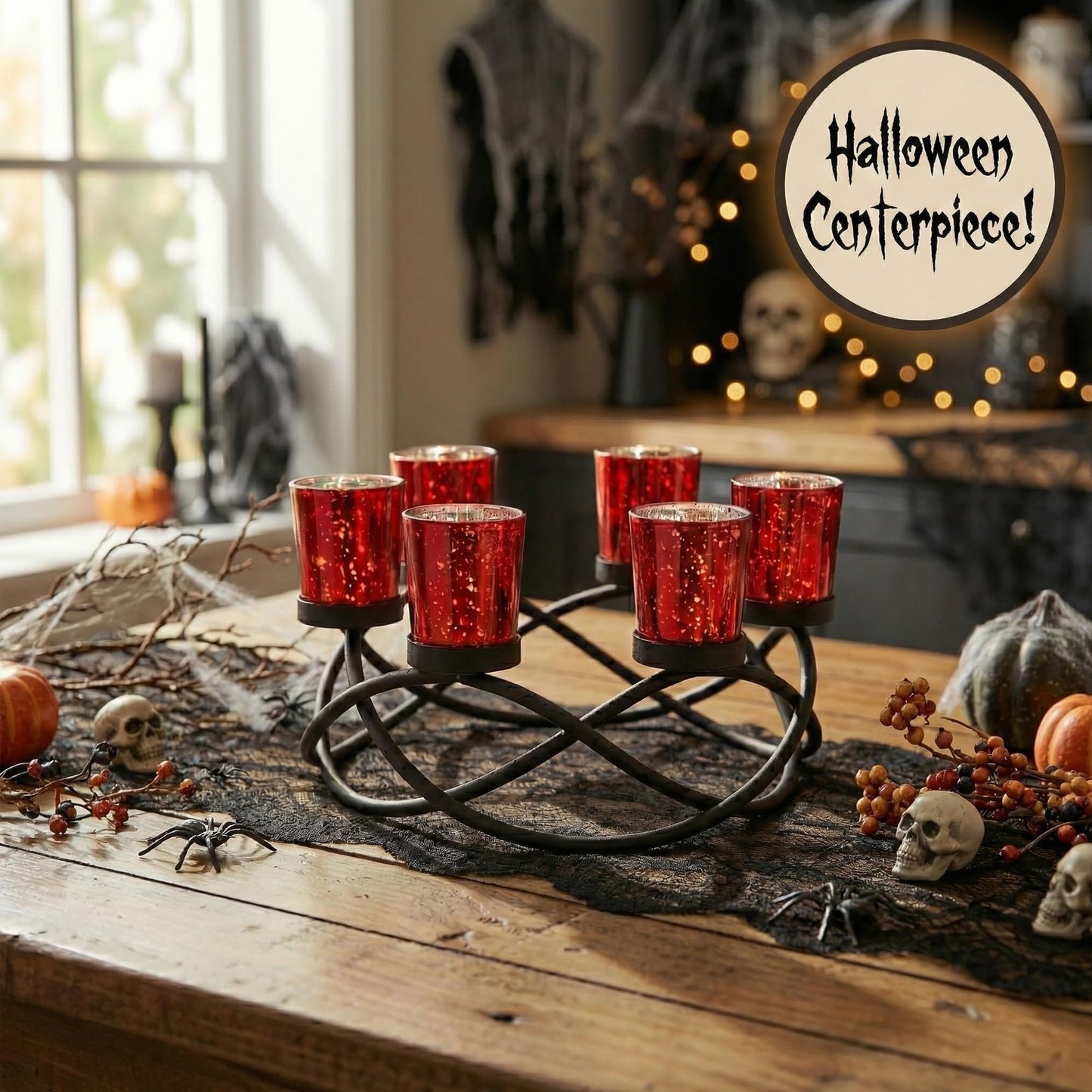 Seraphic Centerpieces for Table Decorations - Round Candle Holders for Outdoor Patio, Dining, Kitchen, Coffee & Wedding Table Decor, Black Iron Candelabra, 6 Red Glass Votive Tealight Cups