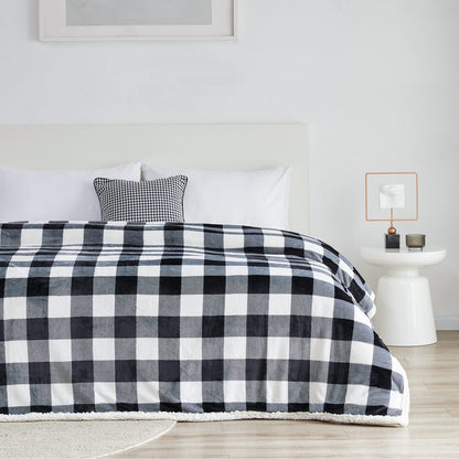 Touchat Sherpa Plaid Twin Blanket 60" X 70", Fuzzy Fluffy Soft Cozy Throw Blanket, Twin Size Plush Fleece Flannel Plush Microfiber Blanket for Couch Bed Sofa (Black)
