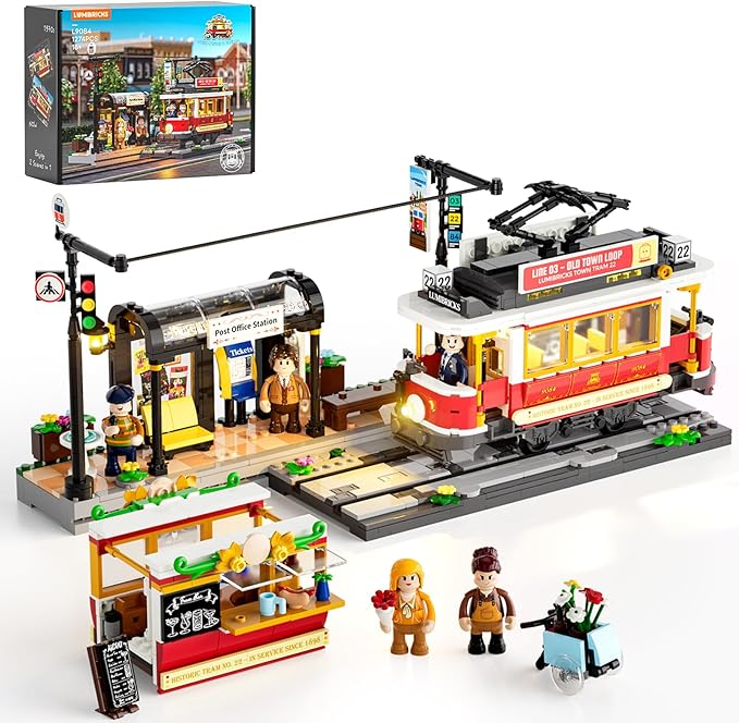 Heritage Tram and Station Lighting Building-Bricks Set - 1274 Pcs City Streetcar Modular Collection Old Town Downtown Display Model for Adults &amp Teens &amp Tram Enthusiasts