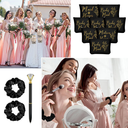 Irenare 48 Pcs 8 Set Bridesmaid Proposal Gifts Maid of Honor Gifts16oz Glass Cups Cosmetic Makeup Bags Invited Cards Scrunchies Hair Knotted Bracelets Diamond Pens(Classic Style,Black)