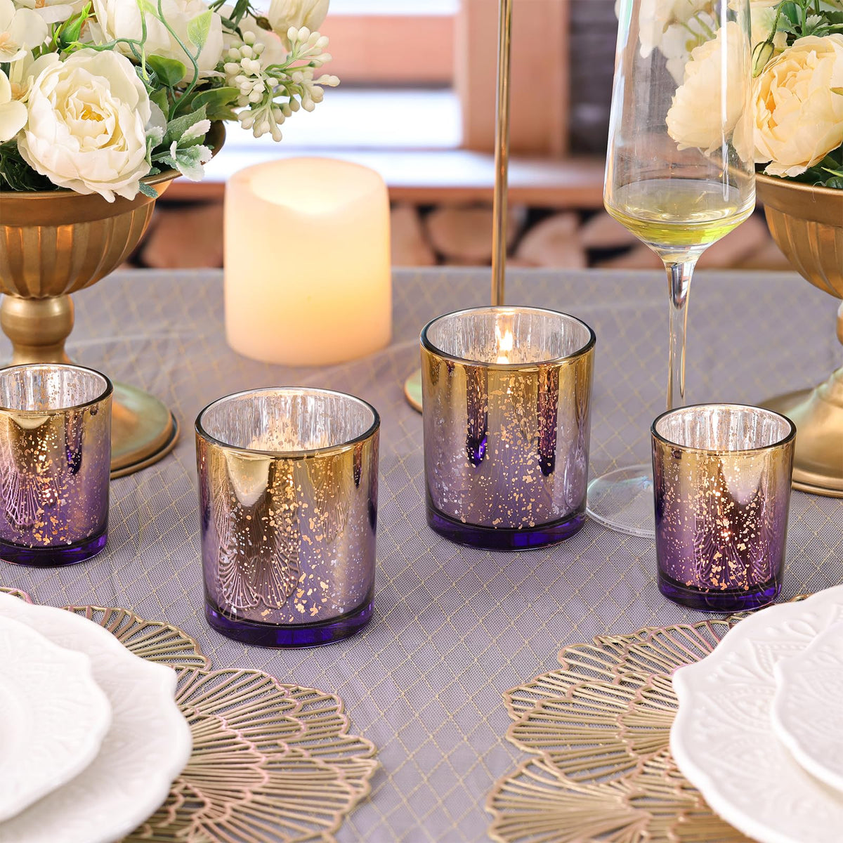 Volens 12pcs Assorted Purple Votive Candle Holders, Large Speckles Mercury Glass Votive & Tealight Candle Holder Bulk for Wedding Table Centerpiece, Purple and Gold Themed Party Decorations