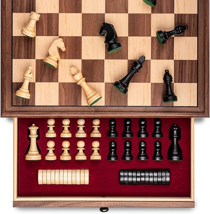 A&ampA 15 inch Walnut Wooden Chess Set with Storage Drawer Triple Weighted Pieces 3.0 inch King Height Walnut &amp Maple Inlay 2 Extra Queen Classic 2 in 1 Chess and Checkers Board Game