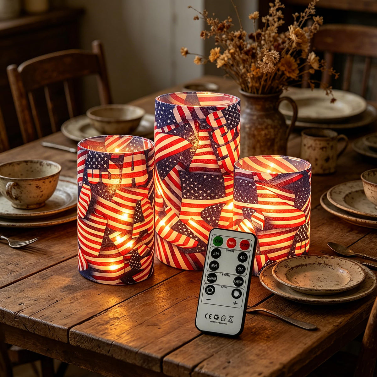 Independence Day Patriot Flickering Flameless Candles US Flag, Embedded Star String Lights, Battery Operated Acrylic LED Pillar Candles with 11-Key Remote and Timer for Home Decoration, 3 Pack