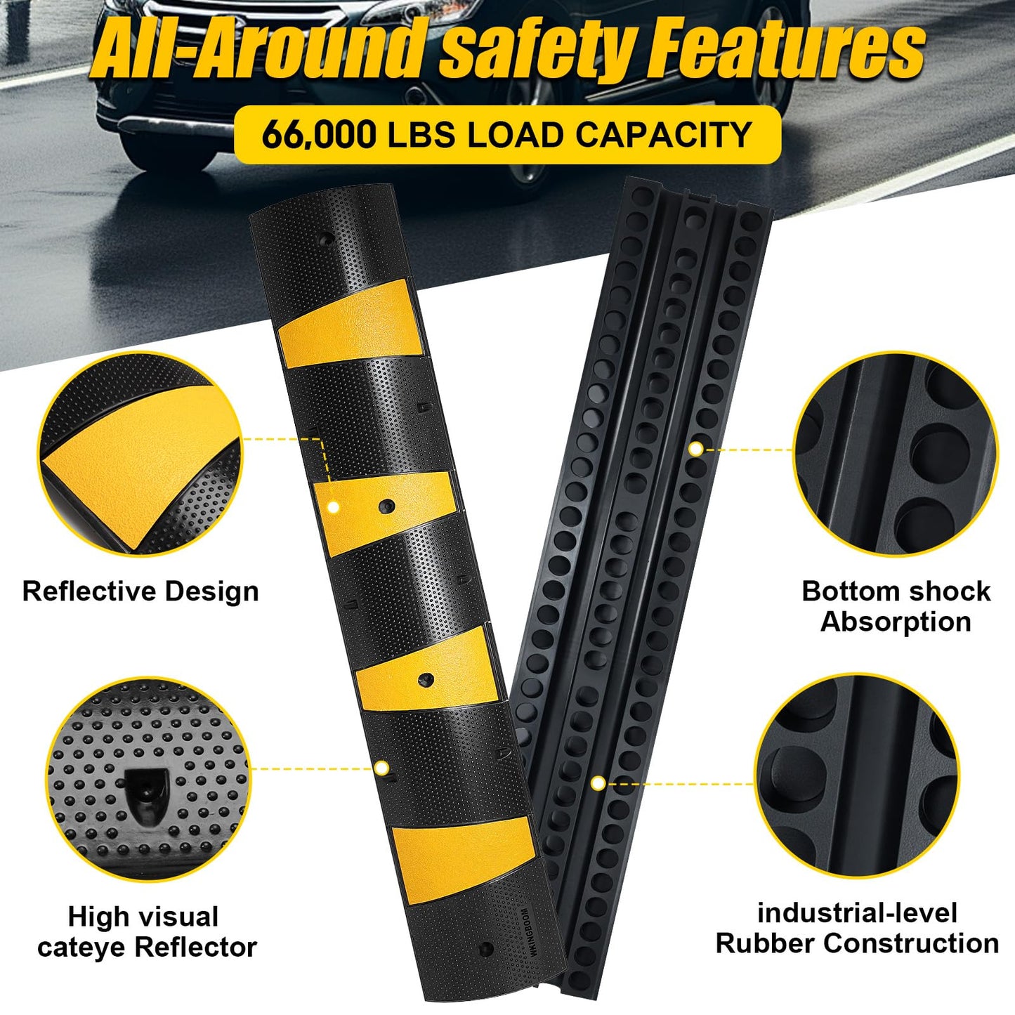 WKINGBOOM 2 Channel Rubber Speed Bumps Humps, 6 Feet Long Traffic Driveway Ramp with 8 Bolts, 22000 lbs Capacity Cable Protector Ramp for Garage Gravel Roads Asphalt Concrete, 2 Packs