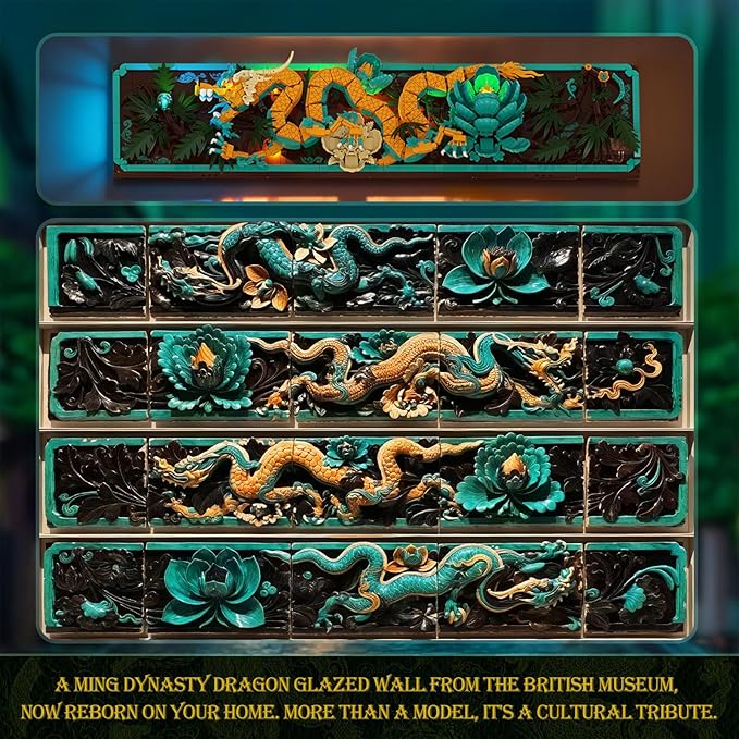JMBricklayer Mythic Dragon Tiles Building Block Sets with LED Lights for Adults 70020 Wall Art Crafts Frame Building Sets Home &amp Office Decor Dragon Kits with Flowers Creative Gifts for Men Wo