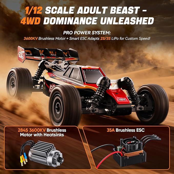 1/12 Brushless RC Cars for AdultsRemote Control Car for Fast Max 50 MPH 4X4 High Speed Racing RC Buggy with 3S 2200 mAh BatteryFast Off-Road RC Truck Suitable as Giftfor Beginner -Yellow