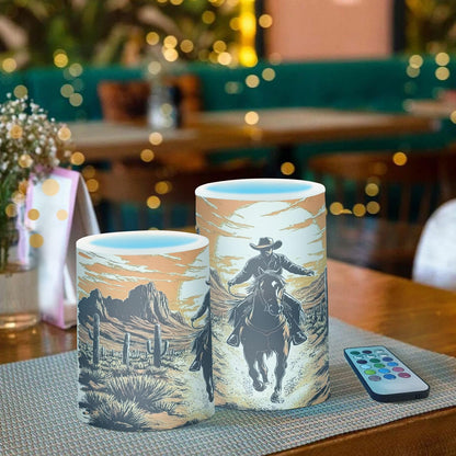 ALAZA Flickering Flameless Candles Western Cowboy Sunset Desert Cactus Battery Operated Candles with Remote Timer LED Pillar Votive Candles Set of 2 for Holiday Decor