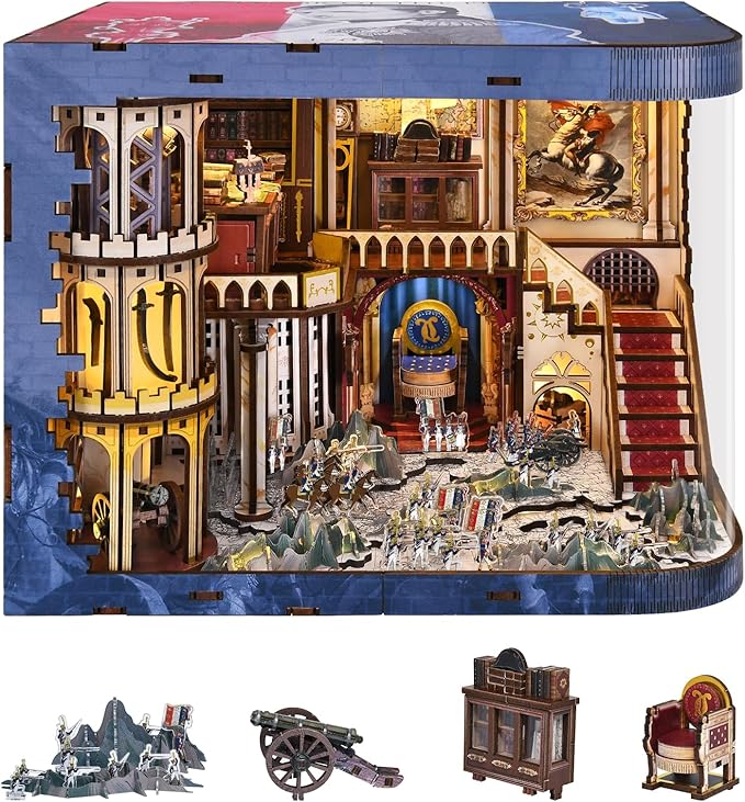 Book Nook Kit with LED Light Miniature House Kit for Birthday 3D Wooden Bookends Puzzle Bookshelf Decor for Adults Teens Beginners (Napoléon)
