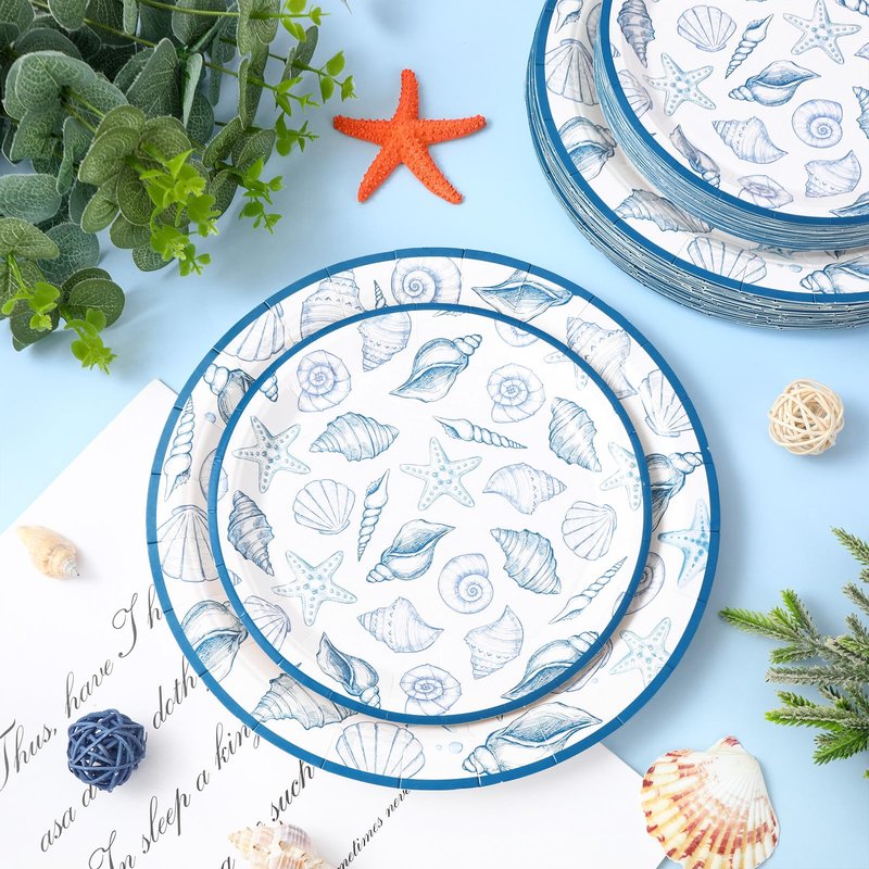 FYSUIMU 50 Pcs Ocean Paper Plates Blue Seashell Disposable Plates 7 & 9 Inch Summer Sea Beach Theme Dessert Plate for Birthday Baby Shower Wedding Party Tableware Supplies