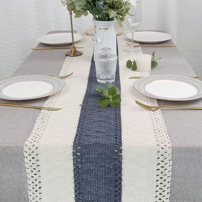FEXIA Boho Blue Table Runner 72 Inches Long with Tassels Macrame Farmhouse Style Party Rustic Wedding Baby Bridal Shower Dining Decor (12x72 Inches)