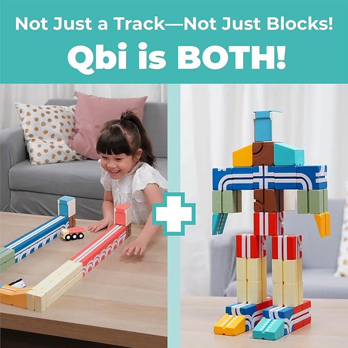 QBI Magnetic Blocks Play Starter Set – STEM Construction Toys &amp Race Car Track for Kids Ages 3-5+｜Educational Magnet Building Tiles with 2 Ramps &amp 4 Vehicles｜Montessori Gift for Boys &amp Gir
