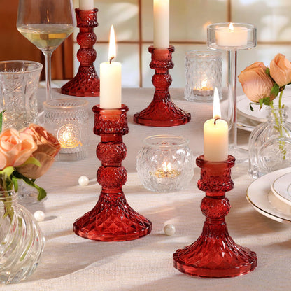 DARJEN Red Glass Candlestick Holders Set of 6, 4" H & 5" H Taper Candle Holders for Candlesticks & Pillar Candles, Diamond Candle Holders for Wedding Party Table Centerpiece, Home Decor