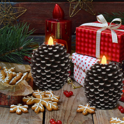 Wondise Flameless Candles with 6H Timer, Battery Operated Flickering Wick Real Wax Pine Cone Candles for Holiday Indoor Decoration, Set of 2, Brown(D3.5 x H4.7 Inch)