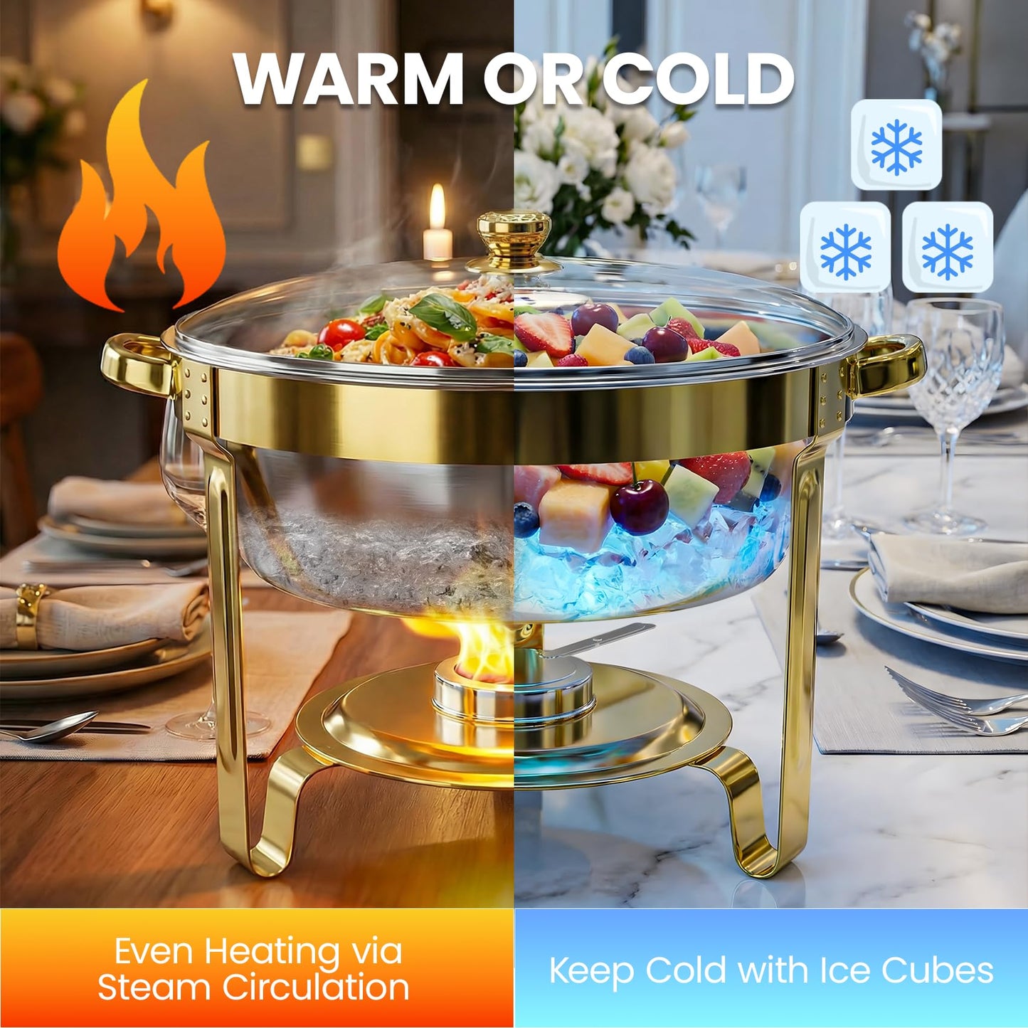 Gold Chafing Dishes for Buffet Set of 4 Pack, 6QT Round Buffet Servers and Warmers Set with 4 Spoons, 4 Slotted Spoons, 4 Tongs, 2 Gloves, Chafers and Buffet Warmers Sets for Wedding, Birthday, Party