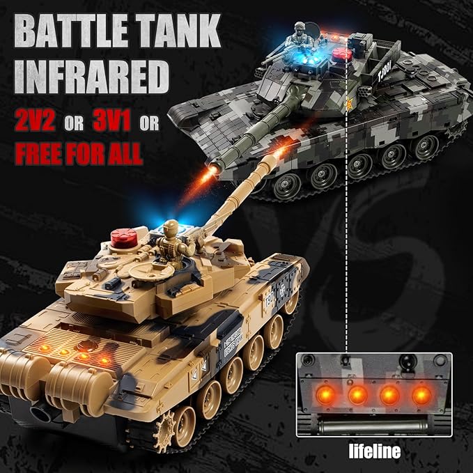 1/24 RC Tank 2.4Ghz Chinese 99 Remote Control Tank &amp 330°Turret Rotation. 2 × Rechargeable Batteries Infrared Battle Toy with Smoke LED Lights and Sound Effect Gift for Boys