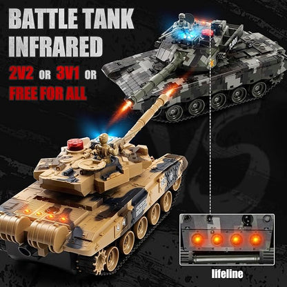 1/24 RC Tank 2.4Ghz Chinese 99 Remote Control Tank &amp 330°Turret Rotation. 2 × Rechargeable Batteries Infrared Battle Toy with Smoke LED Lights and Sound Effect Gift for Boys