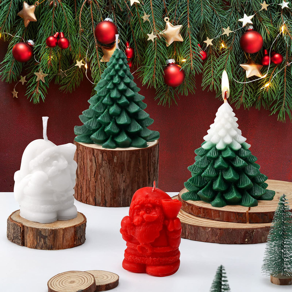 Minatee 4 Pieces Large Christmas Candles Tree Santa Scented Xmas Tree Shaped Candles Gifts for Home Party Room Table Decorations, 2 Style