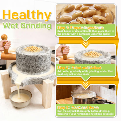 Natural Stone Grain Mill, Manual Granite stone grinder with Wooden Base & Heavy-Duty Handle, Stone Mill for Flour for Grain & Spice Grinding, stone flour mill grinder for Home Kitchen