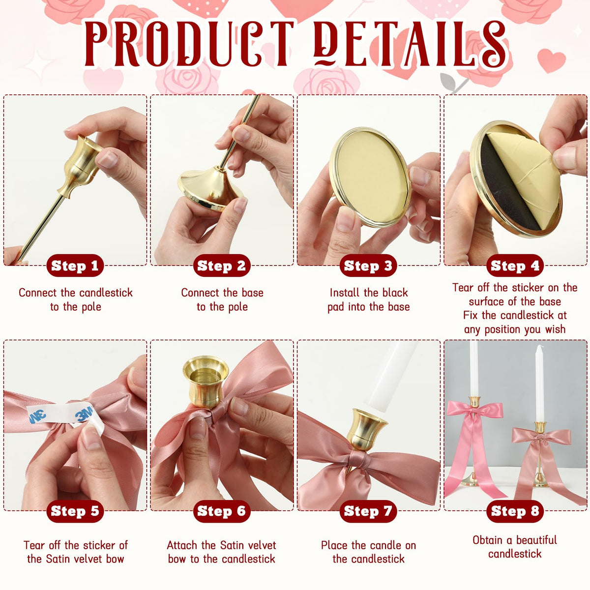 JarThenaAMCS 6Pcs Candle Stick Holders with Candles Satin Ribbon Bows Gold Metal Taper Candle Holders for Bride Shower Wedding Party Fireplace Table Centerpiece Decor
