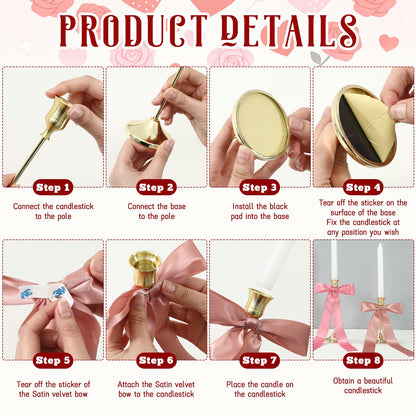 JarThenaAMCS 6Pcs Candle Stick Holders with Candles Satin Ribbon Bows Gold Metal Taper Candle Holders for Bride Shower Wedding Party Fireplace Table Centerpiece Decor