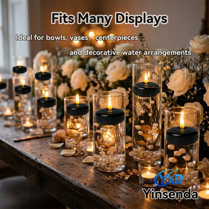 Yinsenda 12 Pack Black Floating Candles - 3 Inch Unscented Round Candles, 7-9 Hrs Long Burning for Cylinder Vases, Wedding Centerpieces, Parties & Bath Décor