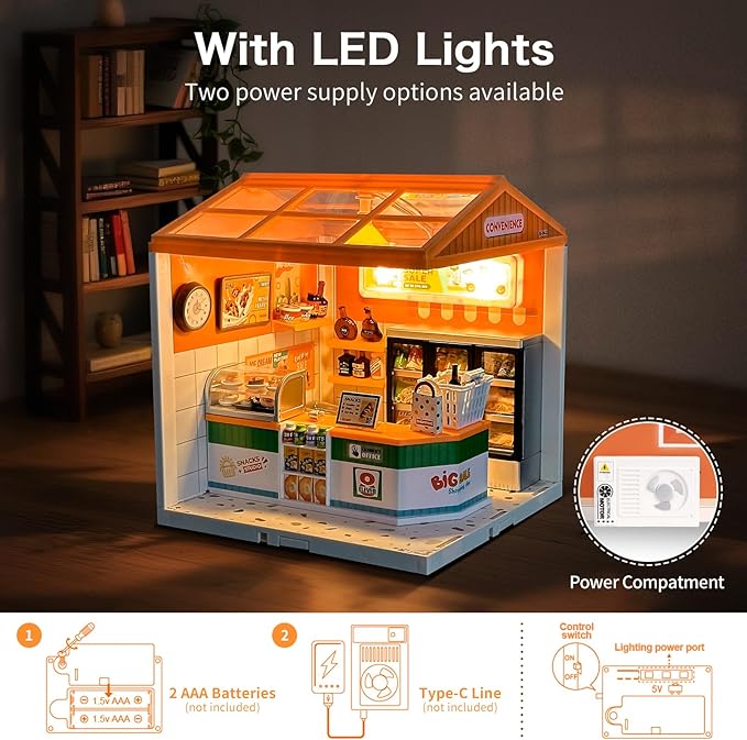 LED Building Blocks for Adults 1:24 DIY Miniature Dollhouse Kits with Roof &amp Dustproof Cover Tiny House Toy Building Sets for Kids Ages 8-12-15 Birthday Hobbies Gift for Men Women Boy Girl