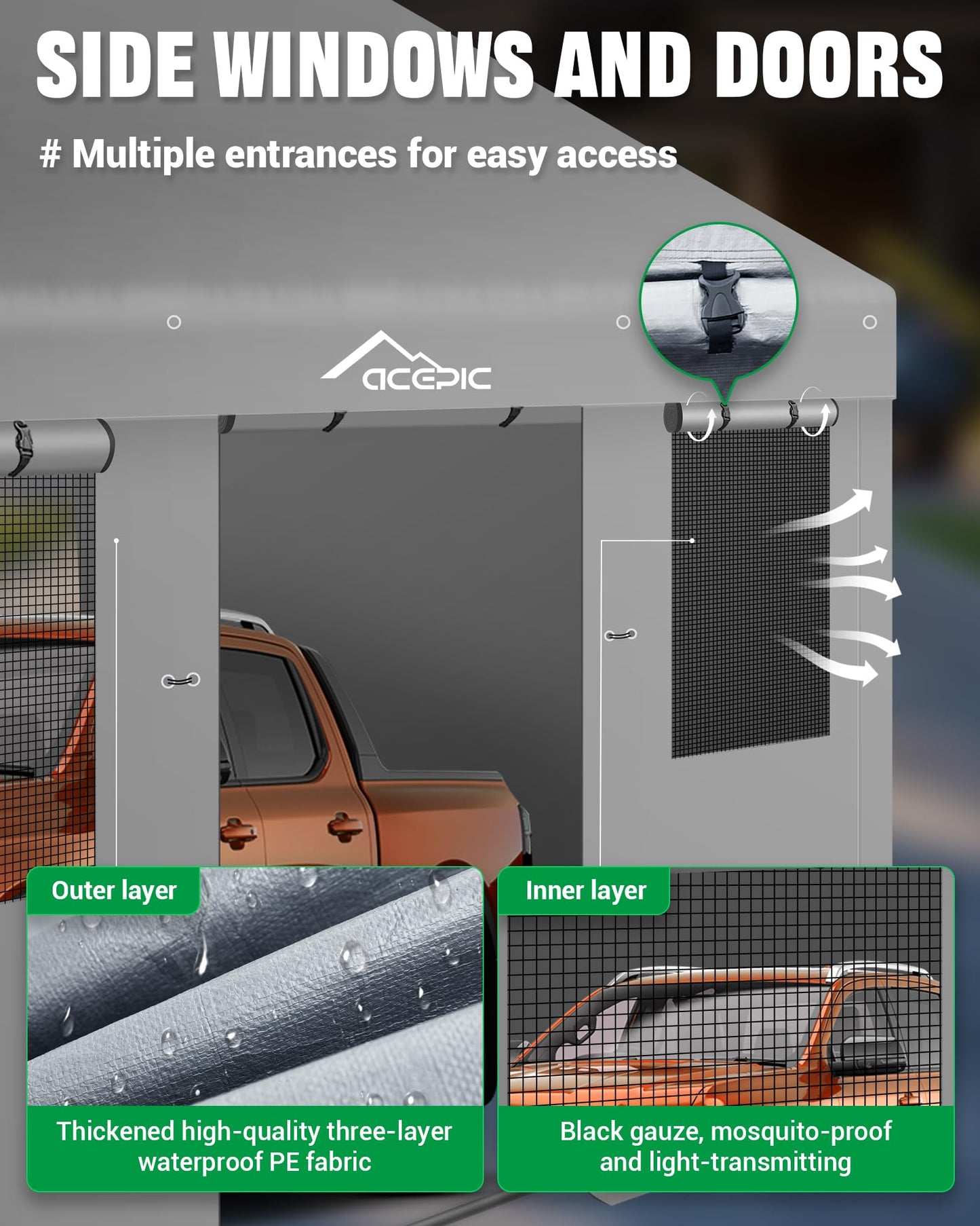 Acepic Upgraded 20x20 Heavy Duty Carport, Features Roll-up Windows & Doors, Portable Garage with UV Resistant Waterproof All-Season Tarp for Car, Truck, Boat
