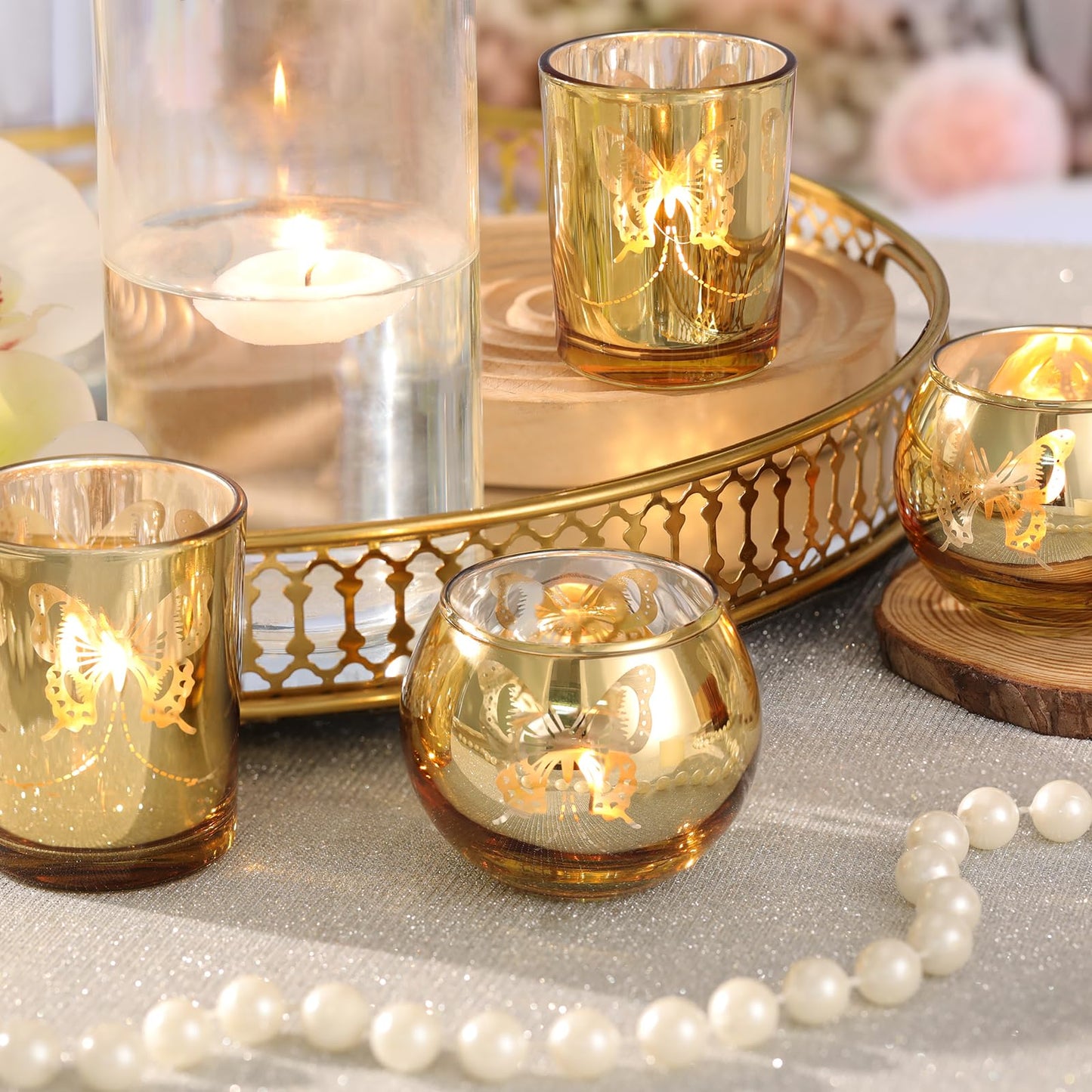 Lanttu Gold 12 PCS Combination Tea Lights Candle Holder Decorative with Butterfly Pattern, Votive Candle Holders for Wedding, Birthday, Anniversary, Parties, and Holiday Decorations