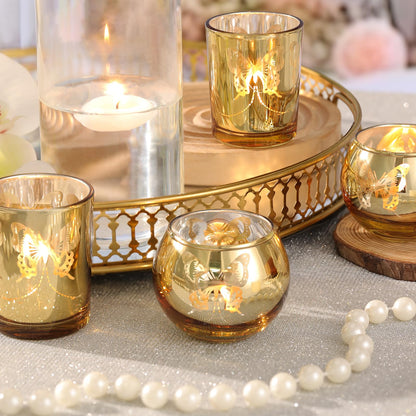 Lanttu Gold 12 PCS Combination Tea Lights Candle Holder Decorative with Butterfly Pattern, Votive Candle Holders for Wedding, Birthday, Anniversary, Parties, and Holiday Decorations