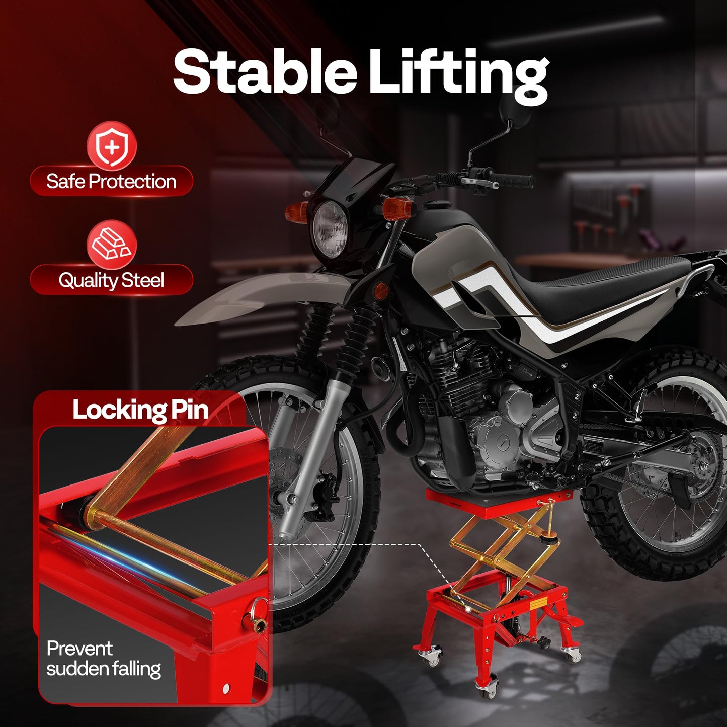 VIVOHOME 350 Lbs Heavy Duty Hydraulic Motorcycle Lift Jack, ATV Dirt Bike Foot Operated Scissor Stand Table with 4 Wheels and Removable Stopper, Red