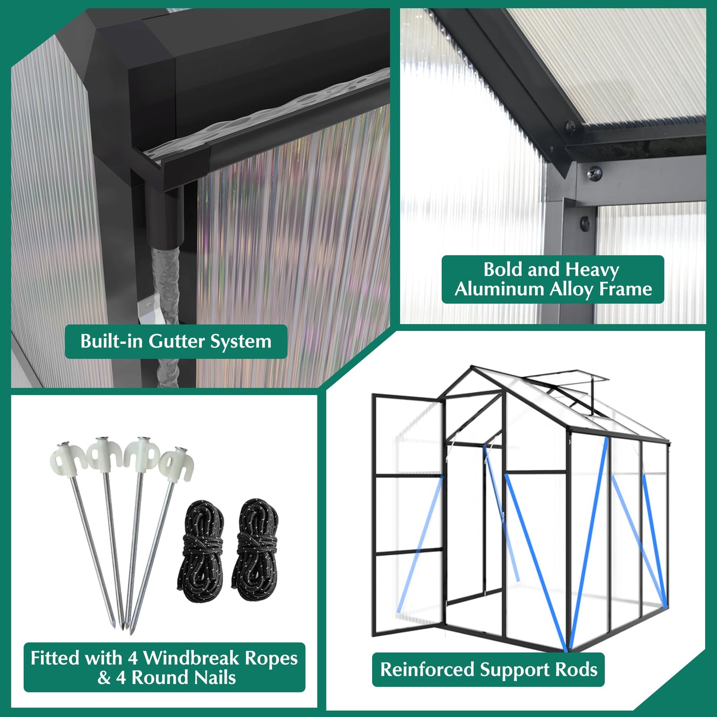 KEIKI 6x10 FT Polycarbonate Greenhouse for Outdoors, Heavy-Duty Walk-in Aluminum Greenhouse with Anchor Base, Light-Transmitting Panels & Drainage System, Black