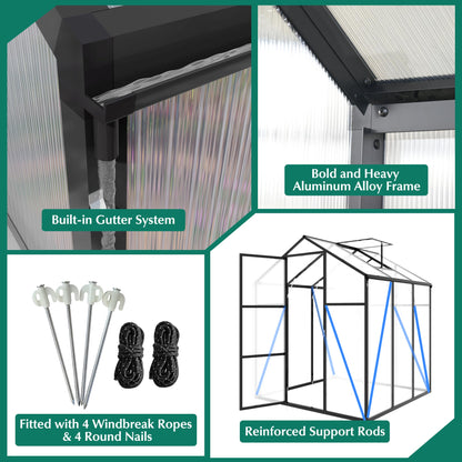 KEIKI 6x10 FT Polycarbonate Greenhouse for Outdoors, Heavy-Duty Walk-in Aluminum Greenhouse with Anchor Base, Light-Transmitting Panels & Drainage System, Black