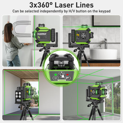 Huepar 360 Laser Level Self-Leveling Cross Line Laser Level 3D Green Beam 197Ft. Laser Tool 67.72" Lightweight Extendable Tripod, Li-ion Battery, Magnetic Base, Hard Carry Case-703CG&T16A