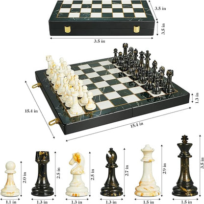 15 Large Chess Set for Adults with Extra 2 Queens Weighted Acrylic Pieces-3.5 King w/Leather Base Portable Folding Marbling Wooden Chess Board - Travel/Family Game &amp Elegant Gift
