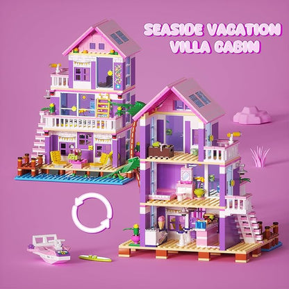 Beach House Building Sets Seaside Villa House Building Toys Compatible with Lego Friends Sets for Girls Age 8-12 Creative Holiday Cottage Building Kit Gift for Christmas Valentine's Day Party