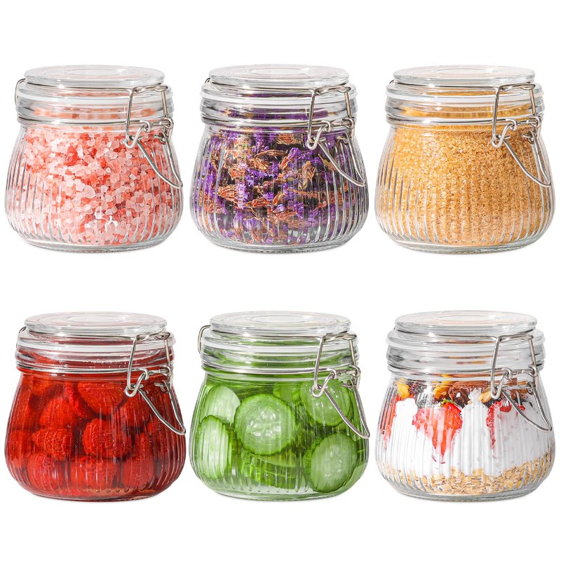 ComSaf 6-Pack 17oz Ribbed Glass Storage Jars with Airtight Clamp Lids, Decorative Wide Mouth Pint Canisters for Jam, Spices, Nuts, Snacks - Ideal for Kitchen Pantry and Drawer Organization