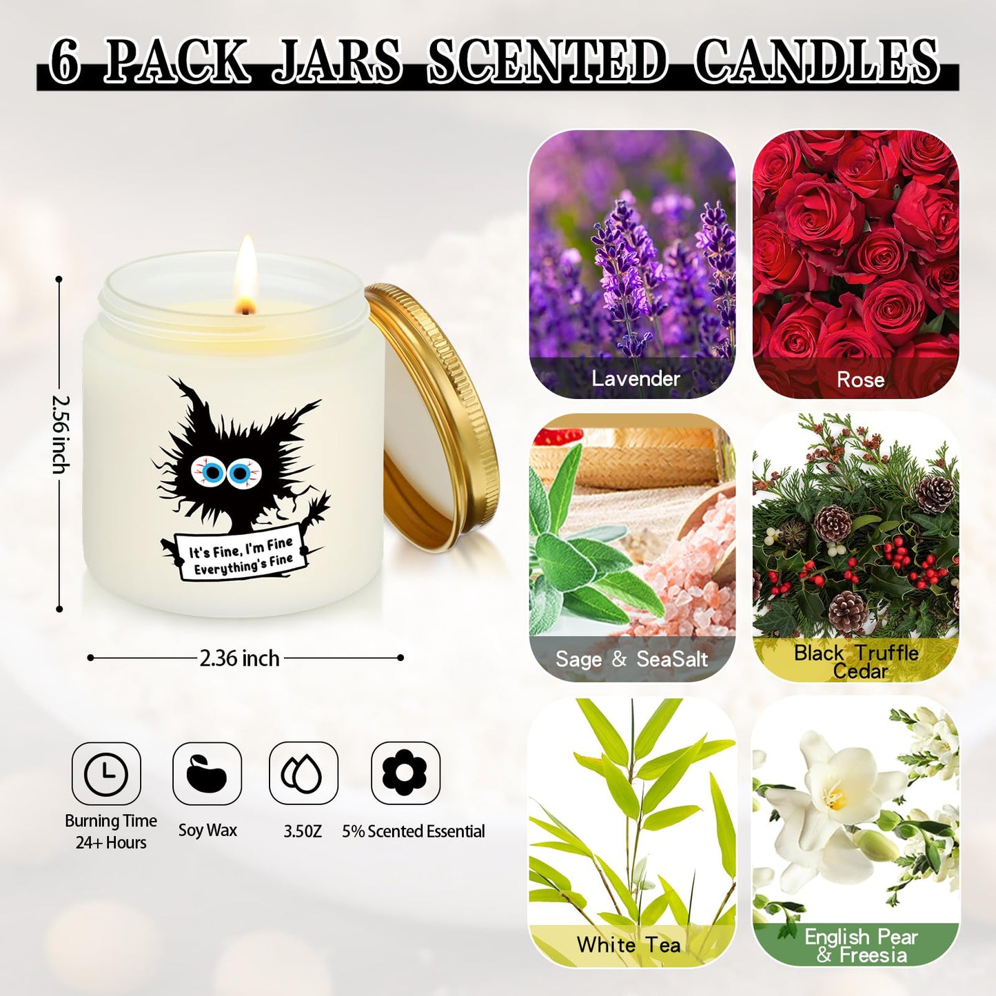 Conelist 6 Set Cat Lover Gifts for Women Graduation Funny Black Cat Scented Candles It's Fine Everything is Fine Inspirational 3.5 oz Soy Wax Jar Candles Gift for Teacher Coworker Employee Gifts