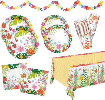 Tropical Luau Party Supplies Kit for 25 - Aloha Hawaiian Party Decorations with Disposable Paper Plates Napkins Cups Tablecloth and Banner | BBQs &amp Summer party