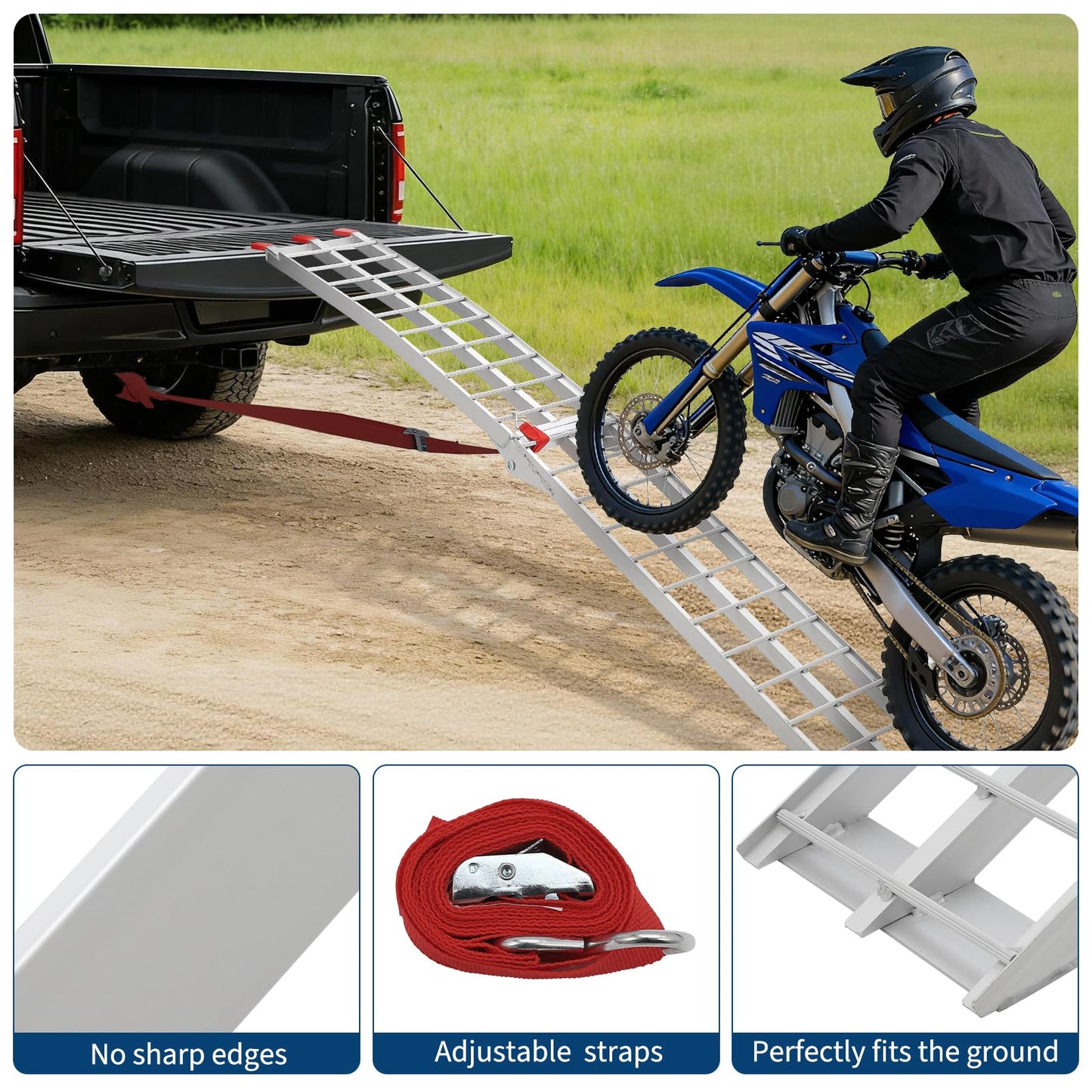 GarveeTech 7.5 Foot Folding Aluminum Motorcycle Ramp 750 LB Capacity Dirt Bike Ramp for Pickup Trucks with Crossbar Rungs and Rubber Tipped Ends 89 x 12 Inch 2 PC