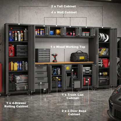 Garage Cabinets Storage System, 12-Pcs Included Steel Cabinets Drawers Rolling Chest and Trash Can Cabinet, Locked Storage Cabinet, Perfect for Organizing Garage and Tools
