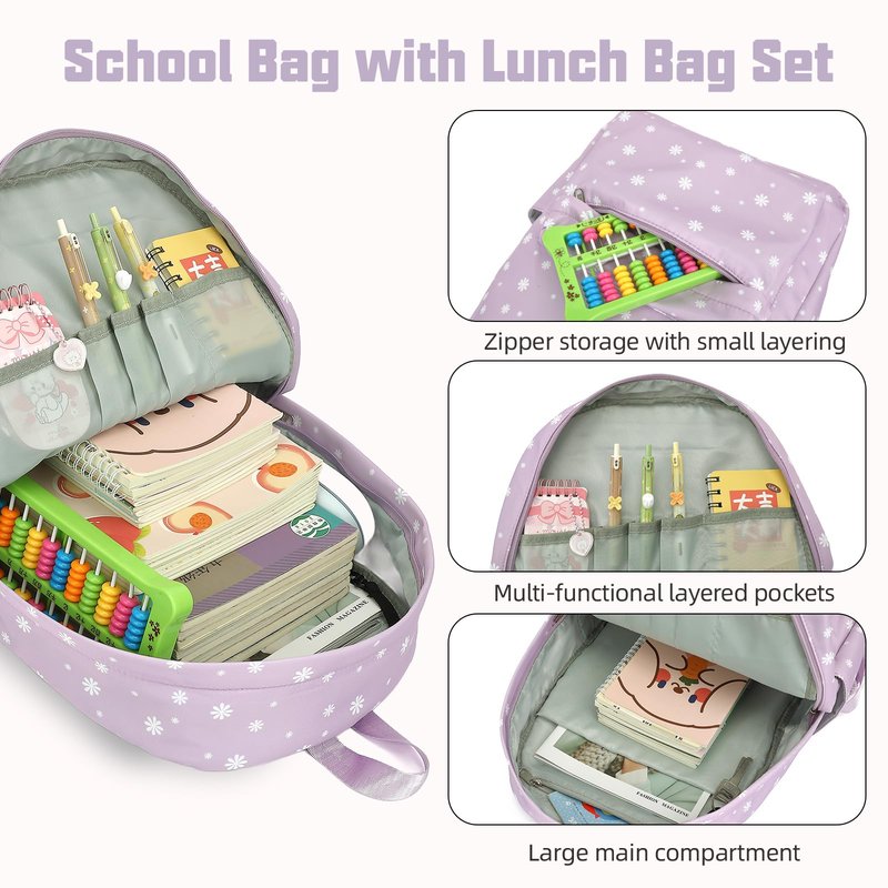 Flowers School Backpack for Girls, 3PCS Bookbags Set with Lunch Box Pencil Pouch Elementary Middle School Bag Laptop Back Packs (Daisy Purple)