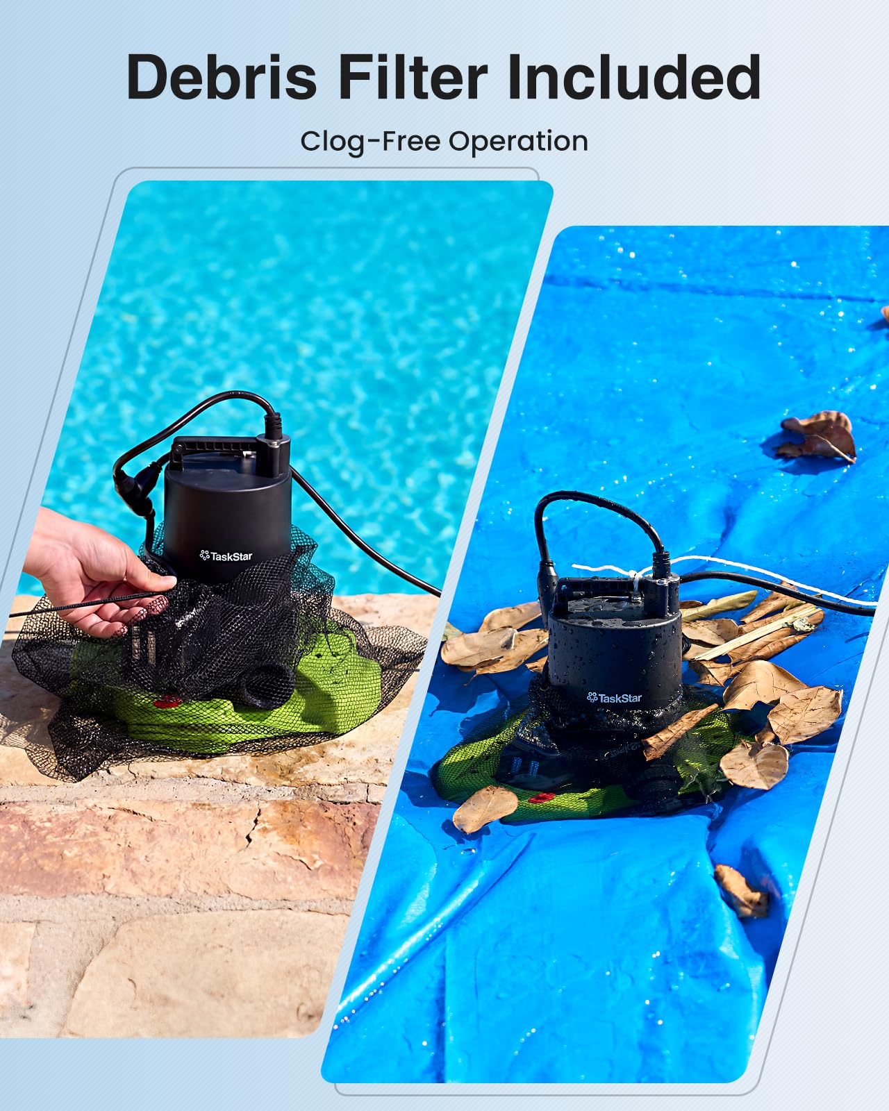 TaskStar 3035 GPH Automatic Pool Cover Pump with 23ft Hose Kit, 1/3 HP Submersible Water Pump with Anti-Clogging Filter Net & 3/4” Check Valve Adapter for Swimming Pool, Hot Tubs, Pond, Rooftops