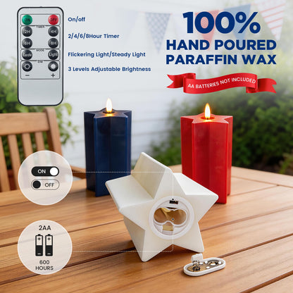 Velsyn Americana Set of 3 Red, White & Blue Star-Shaped Flameless Candle Pillars - Real Wax 3D Flame LED Candle