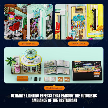 Interstellar-Diner Lighting-Building-Bricks City Set - 2188 Pcs Road UFO Drive-in Restaurant Modular Collection LED Light Space Car Restaurant Set for Adults and Travelling Enthusiasts