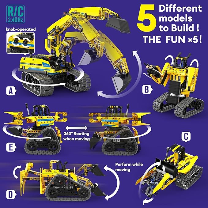 5 in 1 Building Toys STEM Robotics Kit 430 PCS Blocks RC Robot Erector Sets APP &amp Remote Control Excavator Science Kits for Kids Age 6 7 8 9 10 11 12-14 DIY Educational Gift for Boys &amp Girl