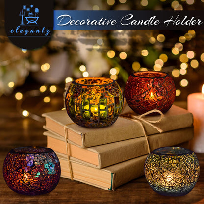 ELEGANTZ Tealight Candle Holder Centerpiece Table Decorations Luxury Mosaic Glass Candle Holder Dining Table Centerpiece Decor Elegant and Modern Tea Lights - Set of 2